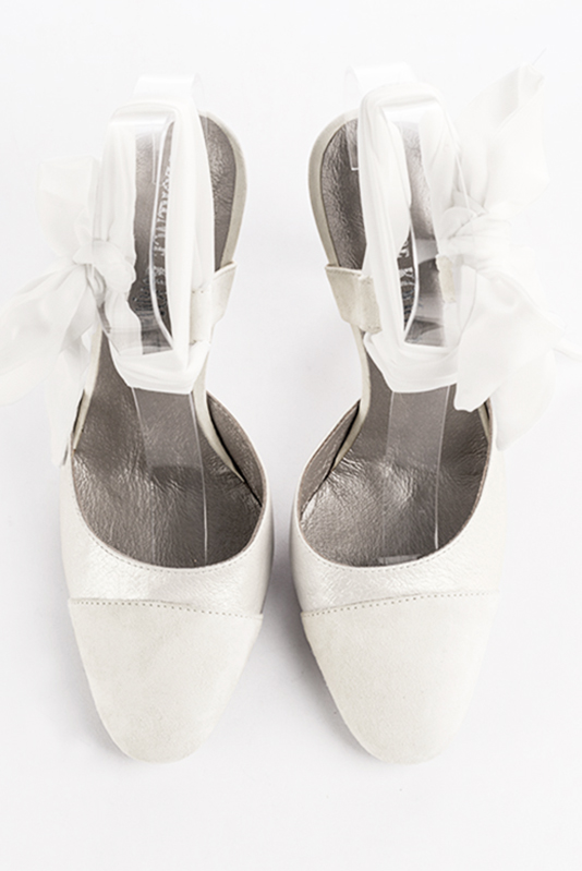 Off white women's open back shoes, with an ankle scarf. Round toe. Very high slim heel. Top view - Florence KOOIJMAN